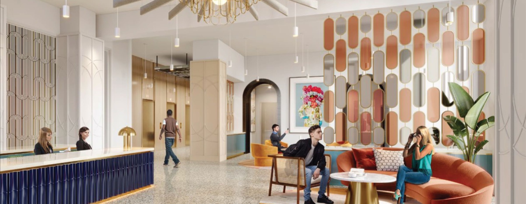 lobby area with people sitting and a large front desk